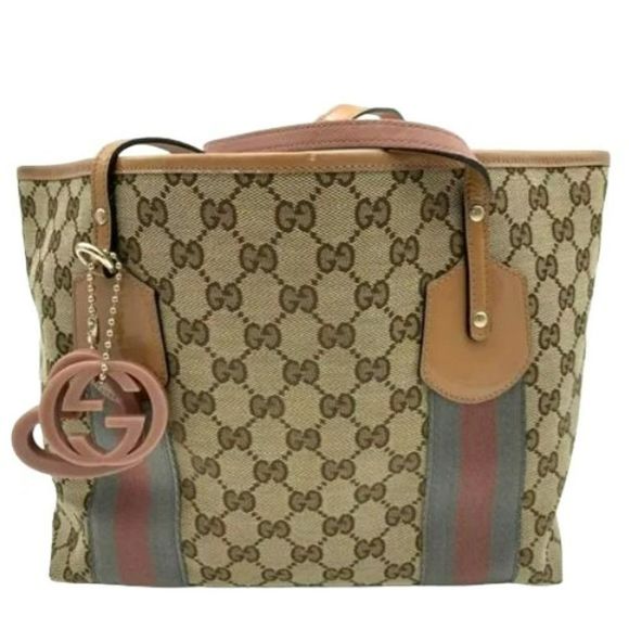 ❤️Host Pick❤️ Gucci Jolicoeur Stripe Tote/Bag Beige/Brown canvas- Monogrammed - Picture 1 of 6